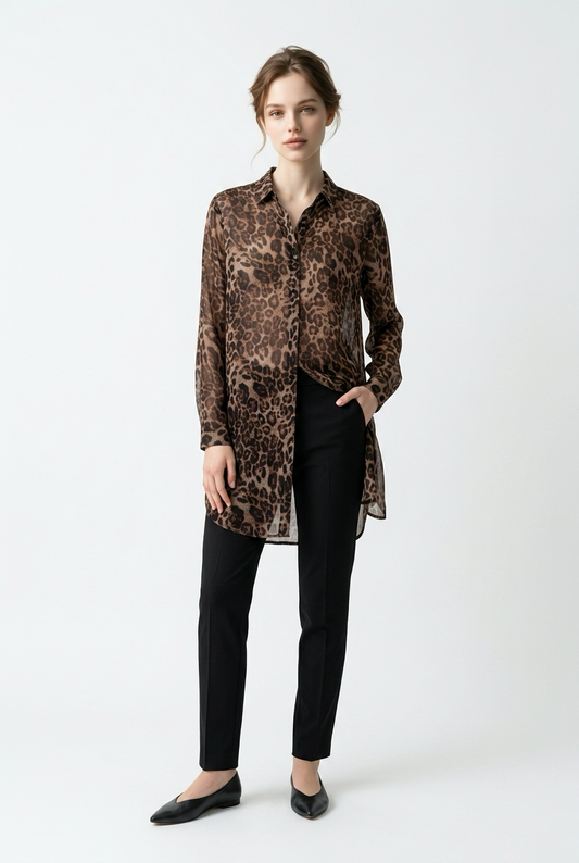 Lang luftig gennemsigtig leopardskjortebluse