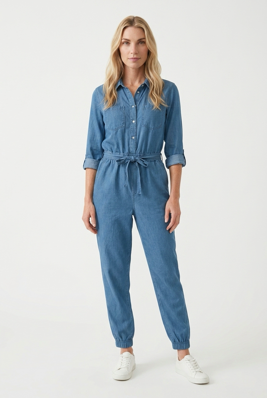 Denim-jumpsuit med skjortekrave og bindebånd