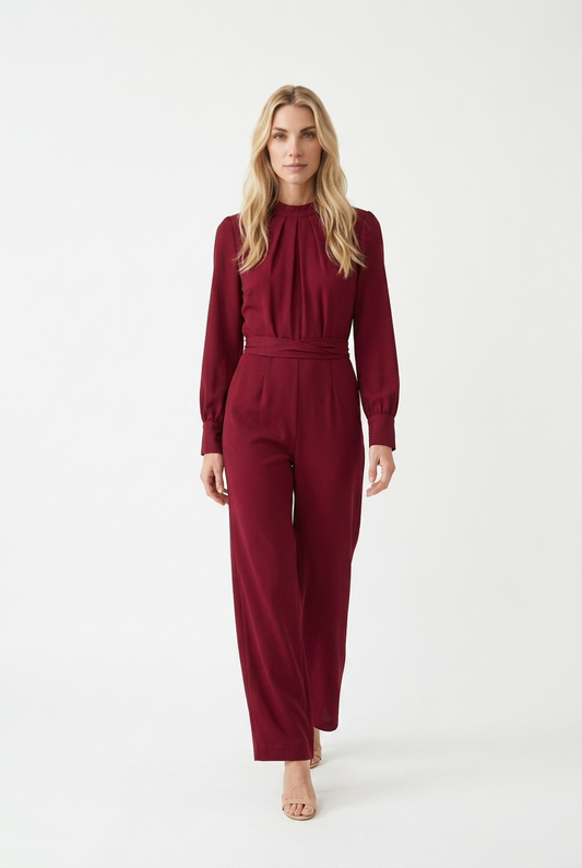Bordeaux lang jumpsuit med drape-detalje ved halsen