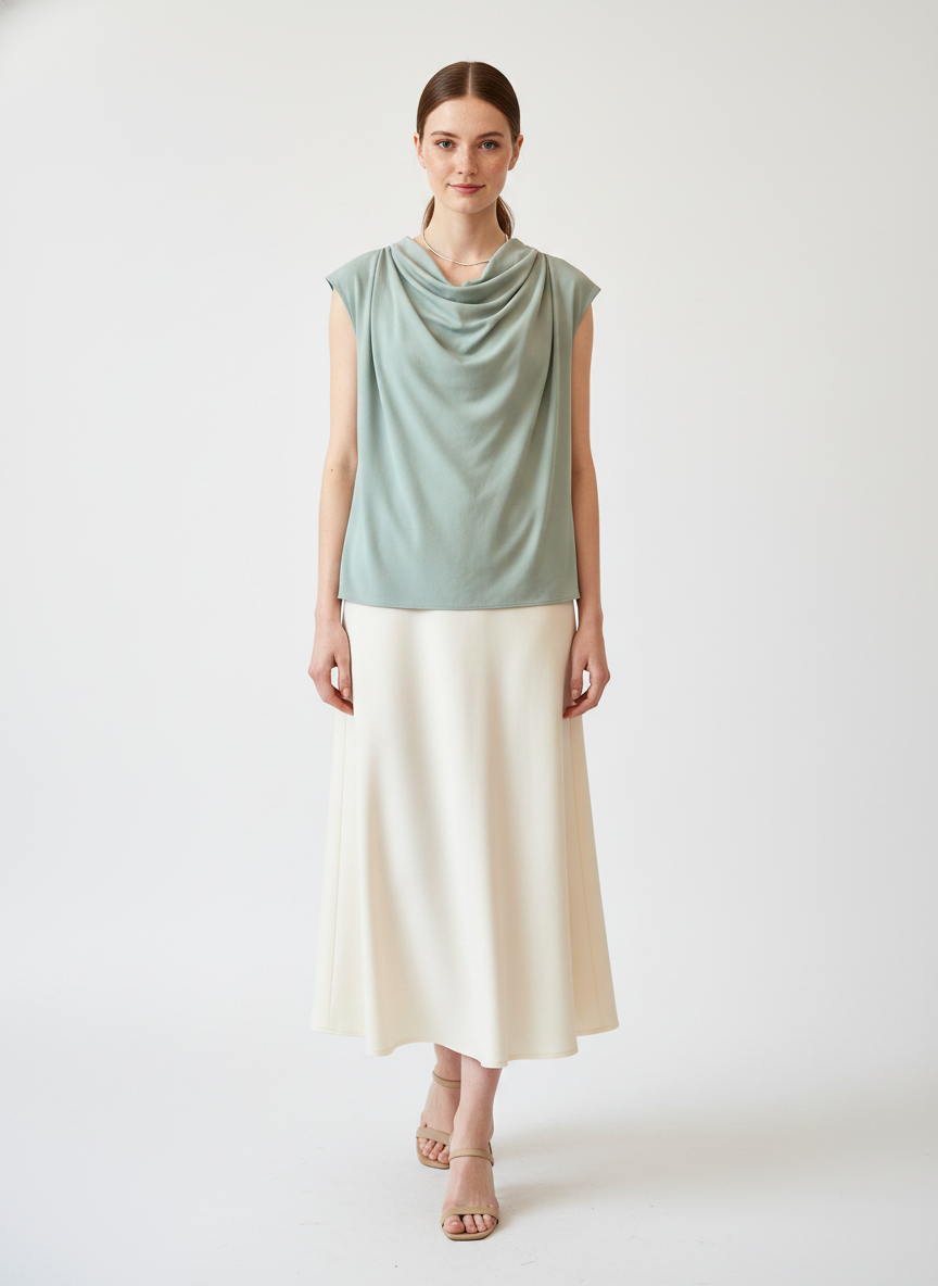 Model i mintgrøn ærmeløs bluse med drape-hals – step skirt