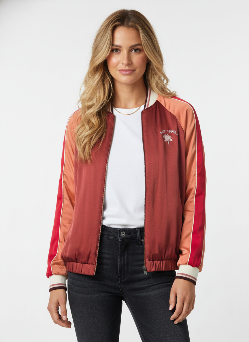 Color-block satin bomber jacket — detail crop