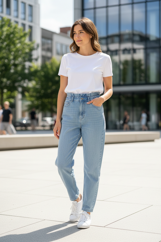 Lyseblå højtaljede paperbag-jeans
