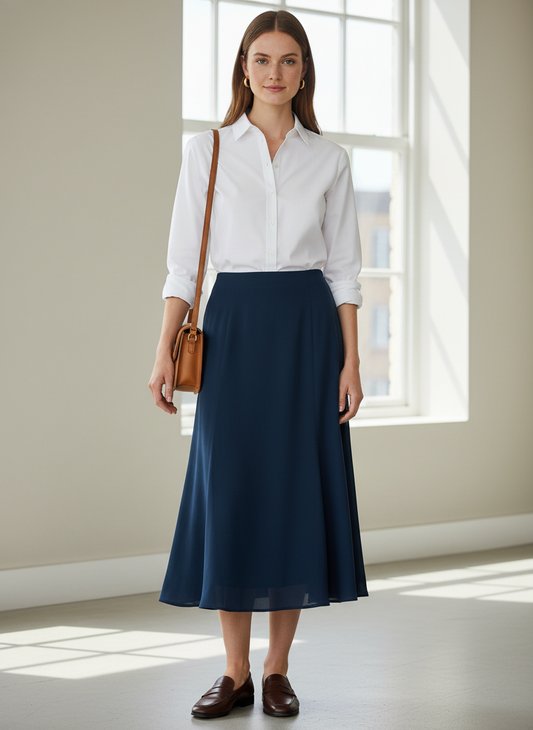 Model i mørkeblå let nederdel med vidde forneden – styling: shirt loafers