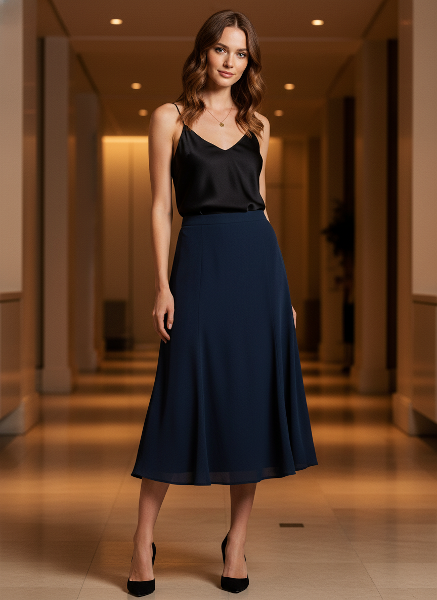 Model i mørkeblå let nederdel med vidde forneden – styling: silk heels