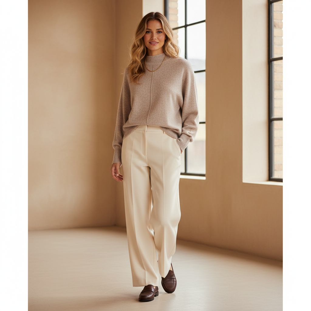 Model i beige højhalset Reiss-strik med vide cremefarvede bukser og loafers