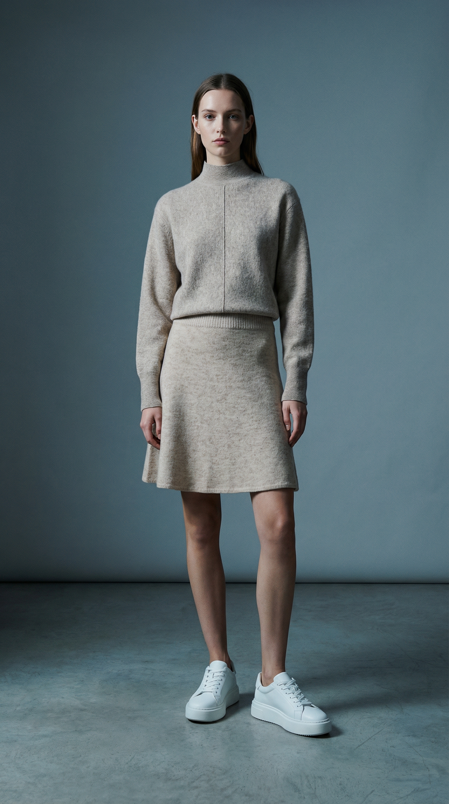 Beige højhalset strik med batwing-ærmer