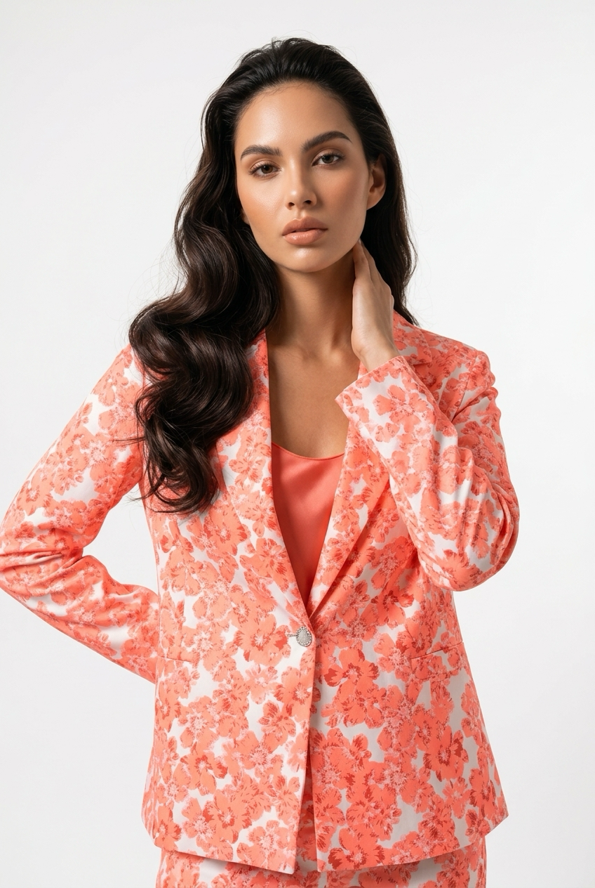 Smuk blomstret blazer med hjerteformet knap