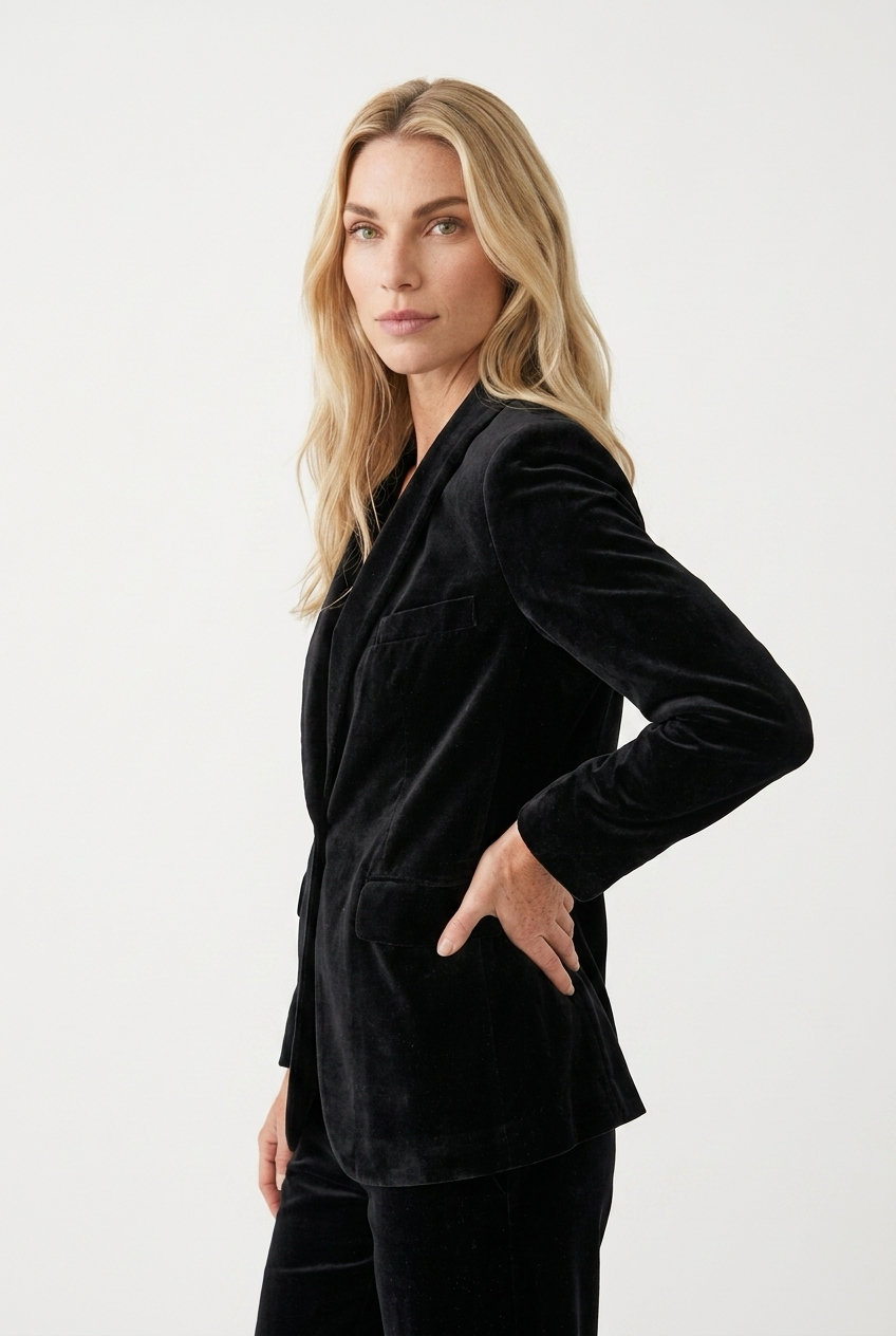 Sort blazer med skulderpuder i tyk fløjl
