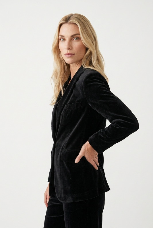 Sort blazer med skulderpuder i tyk fløjl