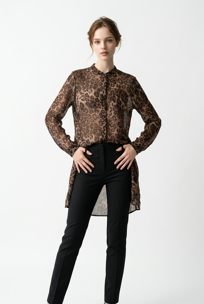 Lang luftig gennemsigtig leopardskjortebluse