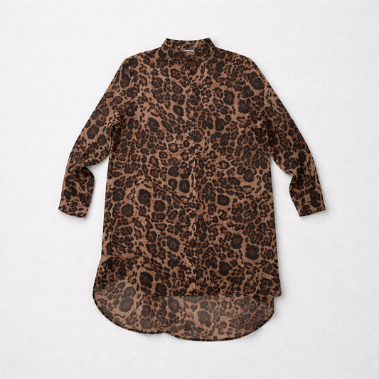 Lang luftig gennemsigtig leopardskjortebluse