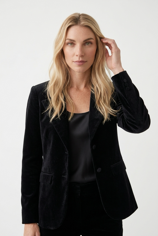 Mørk fløjlsblazer med klassisk revers