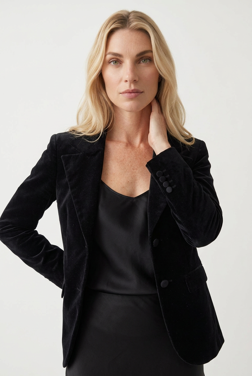 Mørk fløjlsblazer med klassisk revers