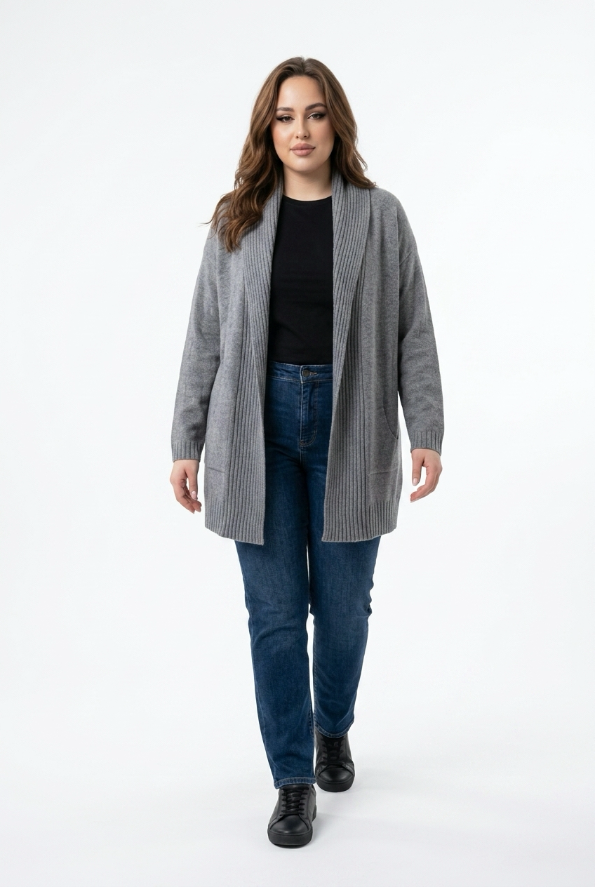 Lysegrå lang cardigan med shawl-krave