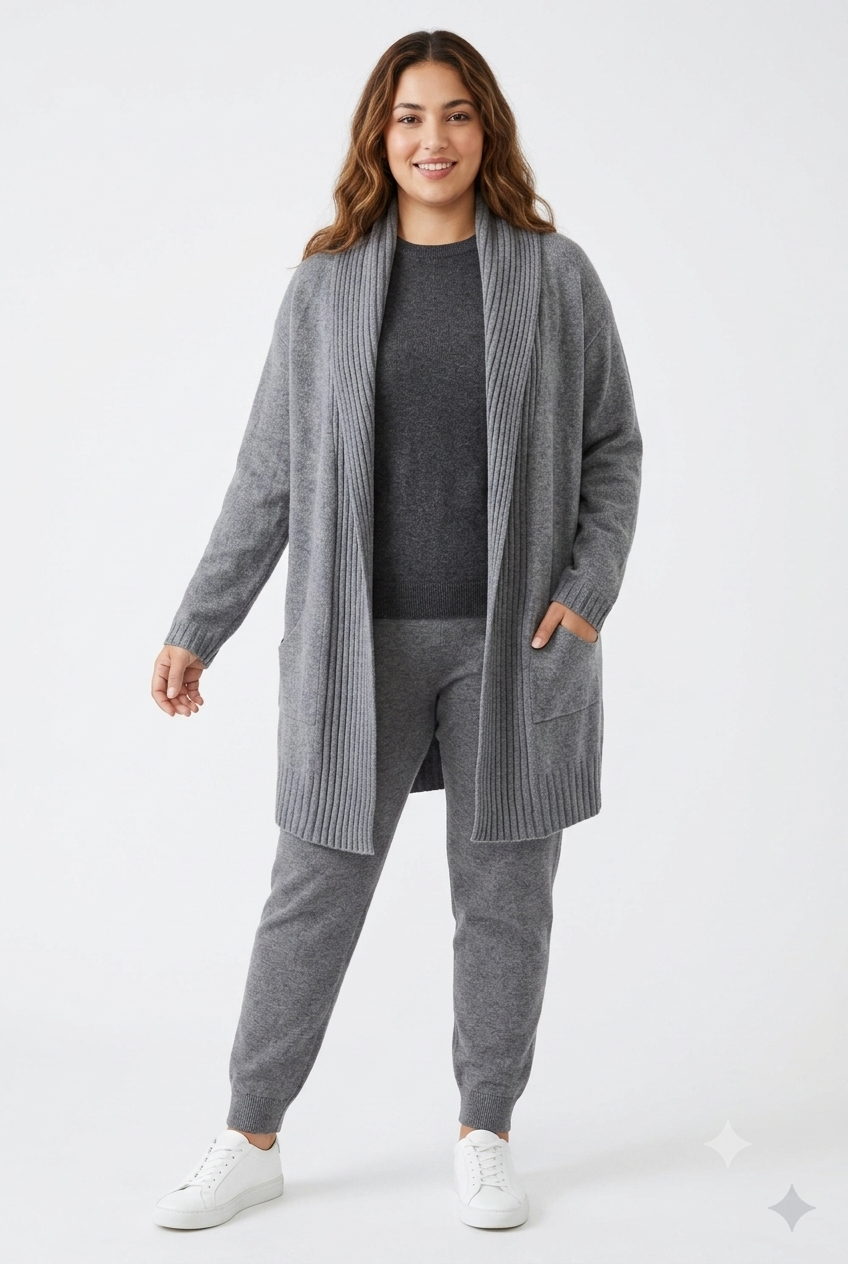 Lysegrå lang cardigan med shawl-krave