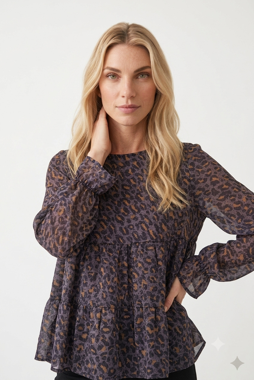 Mørkegrå bluse med leopardprint og peplum-detalje