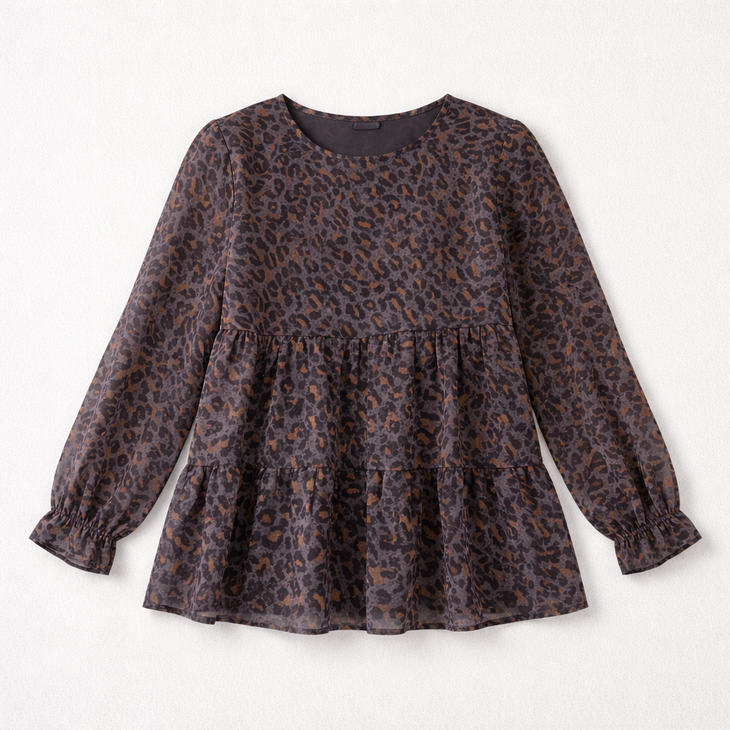 Mørkegrå bluse med leopardprint og peplum-detalje