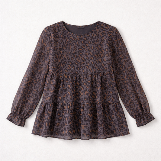Mørkegrå bluse med leopardprint og peplum-detalje