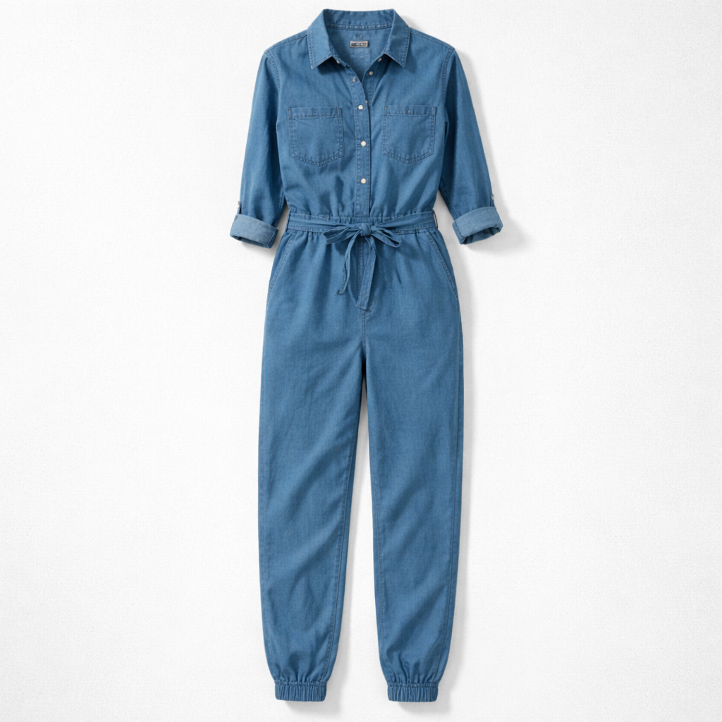 Denim-jumpsuit med skjortekrave og bindebånd
