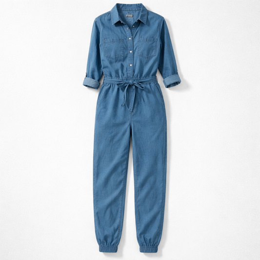 Denim-jumpsuit med skjortekrave og bindebånd