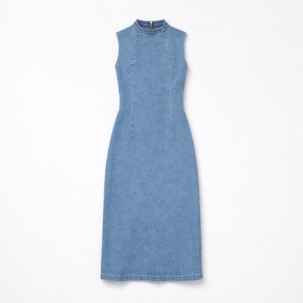 Mellemblå denim midikjole med fin krave