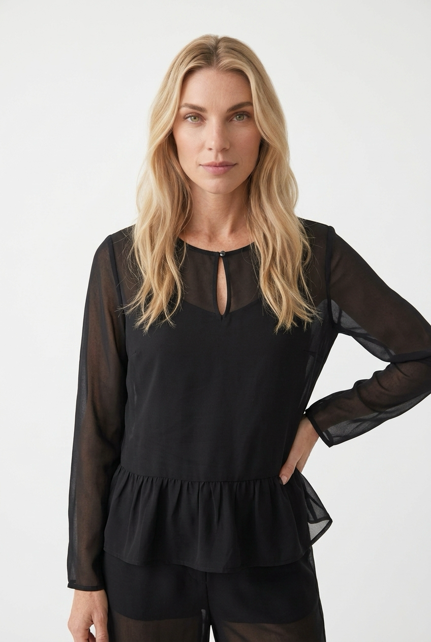 Gennemsigtig bluse med peplum-kant