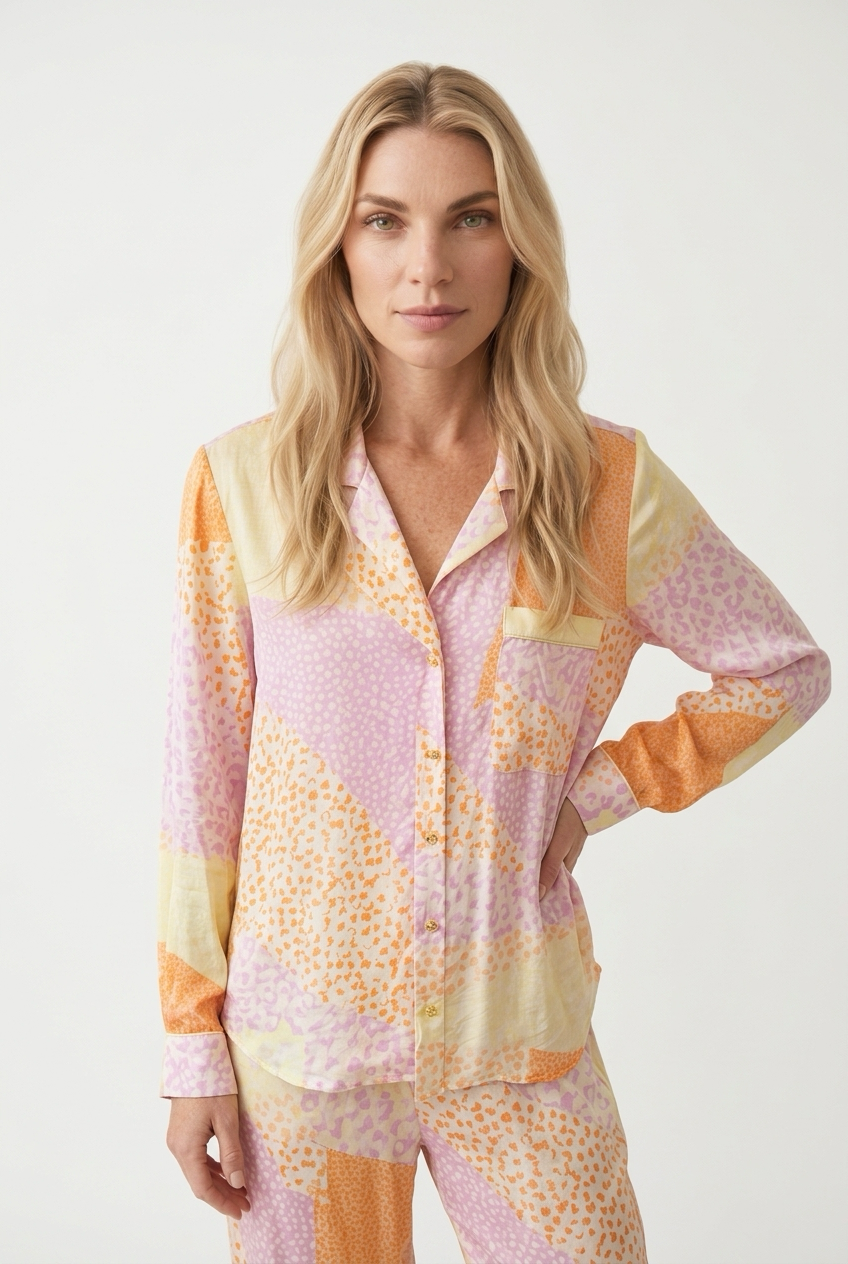 Satin-skjorte med patchwork-print