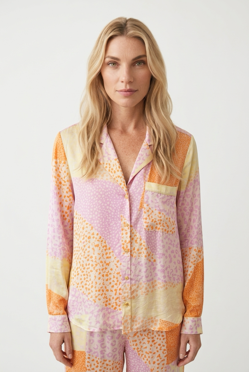 Satin-skjorte med patchwork-print