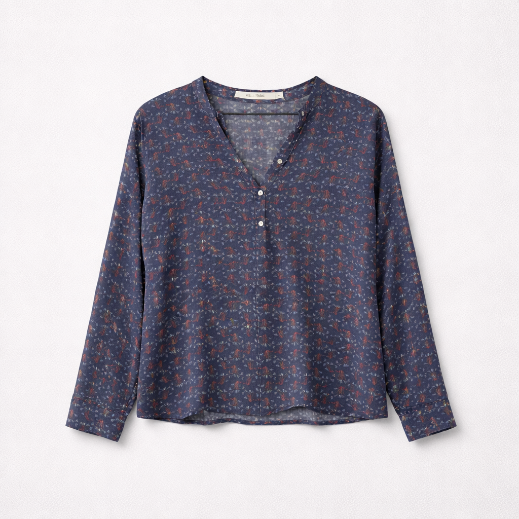 Fin bluse dyb knapkrave med tulipanprint