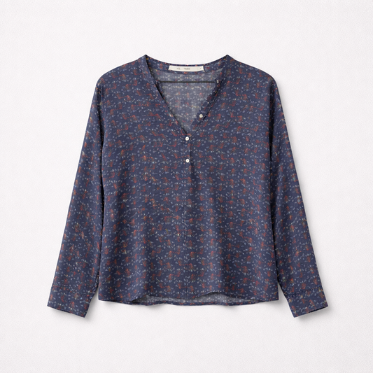Fin bluse dyb knapkrave med tulipanprint