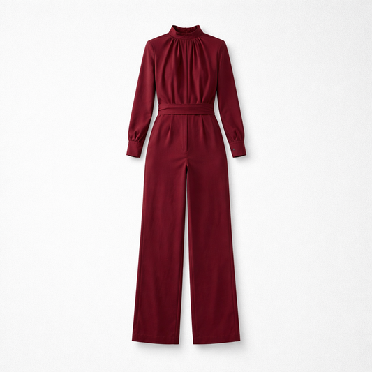Bordeaux lang jumpsuit med drape-detalje ved halsen