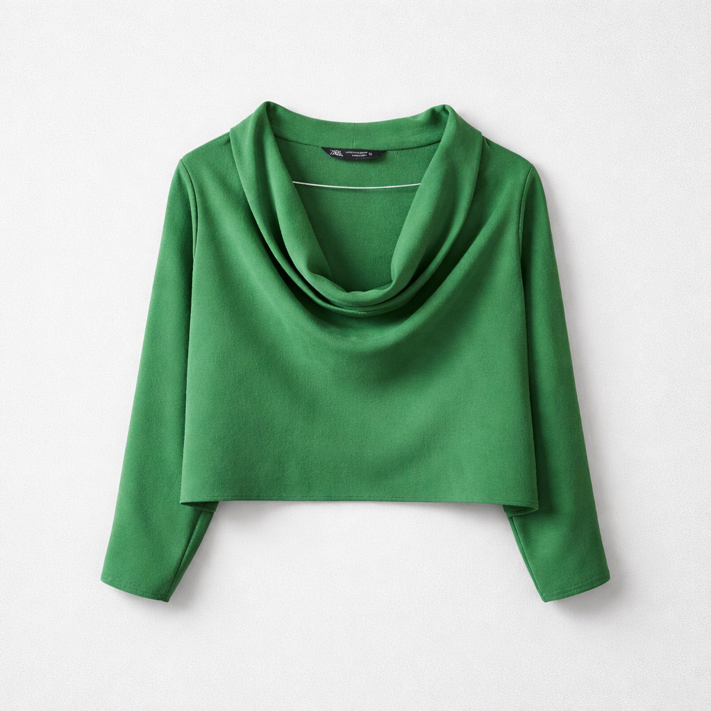 Grøn cropped bluse med vandfaldsudskæring