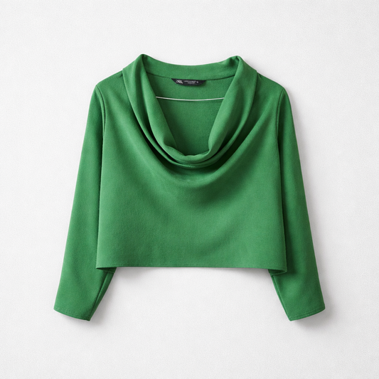 Grøn cropped bluse med vandfaldsudskæring