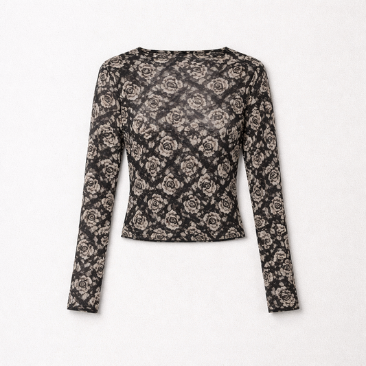 Let gennemsigtig bluse med roseprint og crinkle