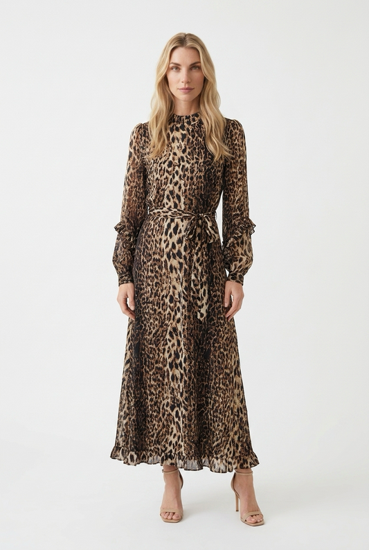 Leopardmønstret wrap-kjole med flæseærmer