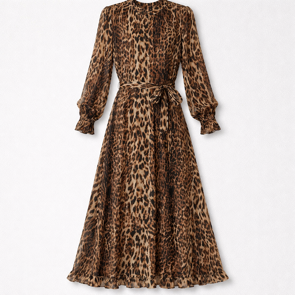Leopardmønstret wrap-kjole med flæseærmer
