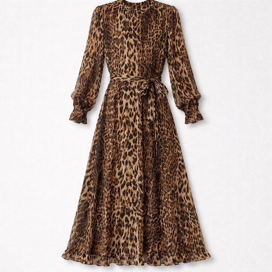 Leopardmønstret wrap-kjole med flæseærmer