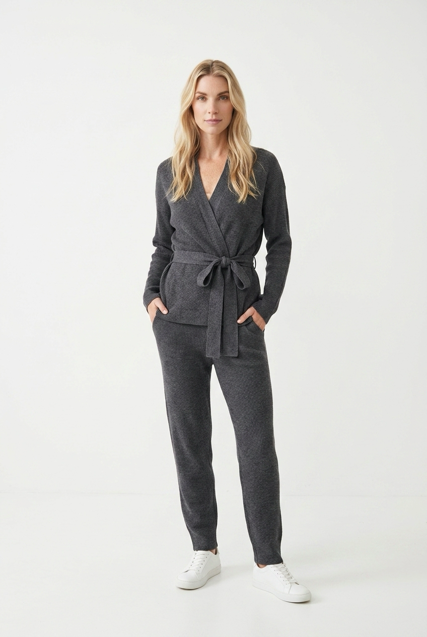 Mørk ribbet cardigan med wrap-snit