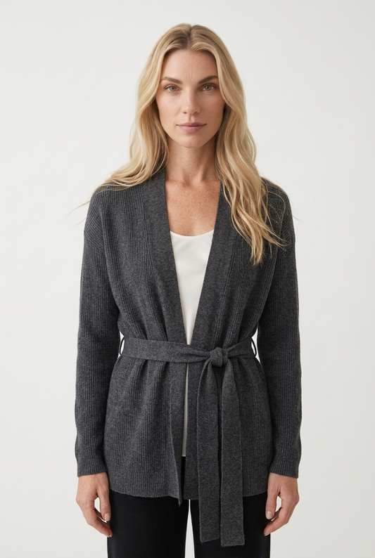 Mørk ribbet cardigan med wrap-snit
