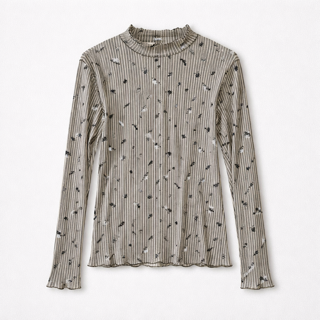 Let gennemsigtig bluse med striber og småblomster