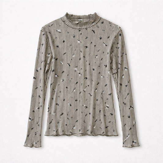Let gennemsigtig bluse med striber og småblomster