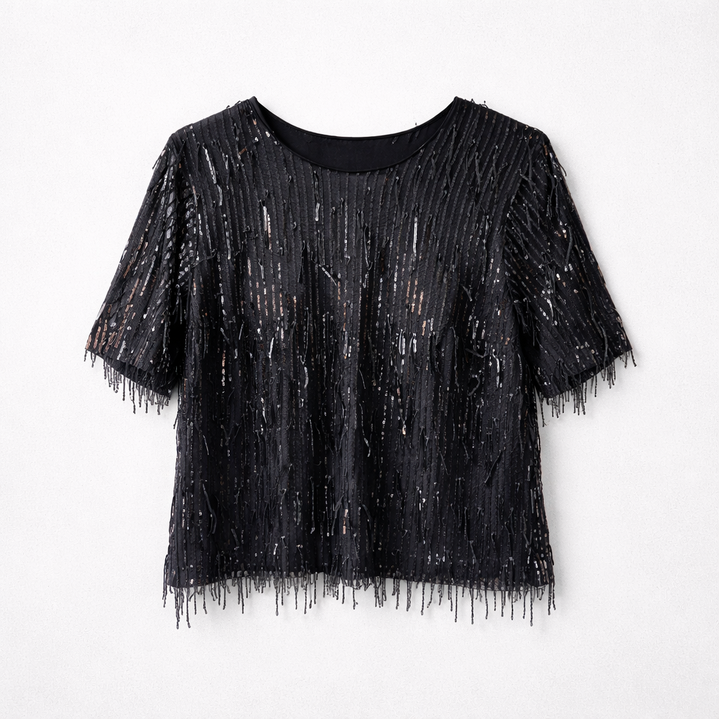 Flot bluse med pailletfrynser