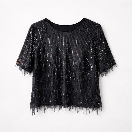 Flot bluse med pailletfrynser
