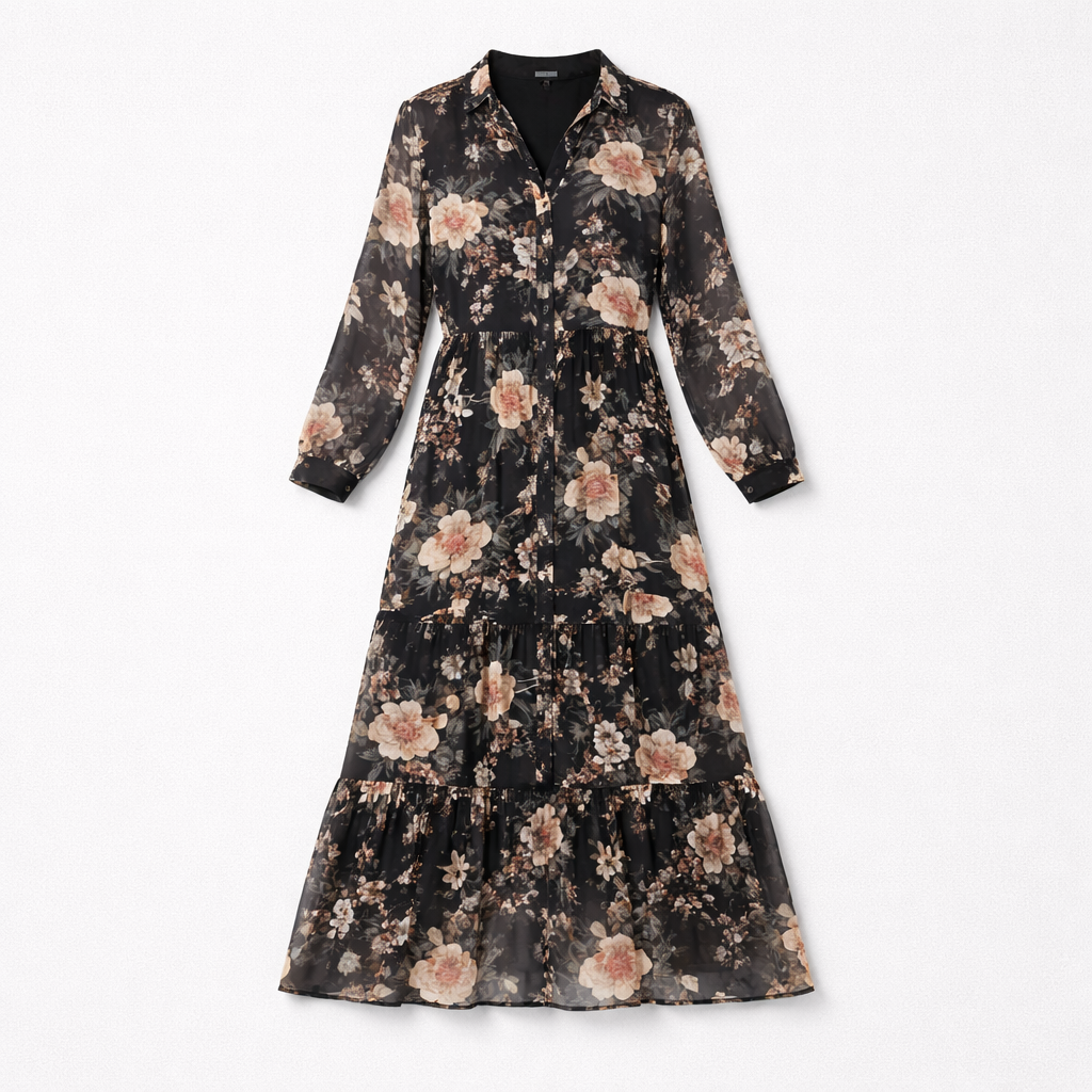 Mørk kjole med romantisk blomster- og paisley-print