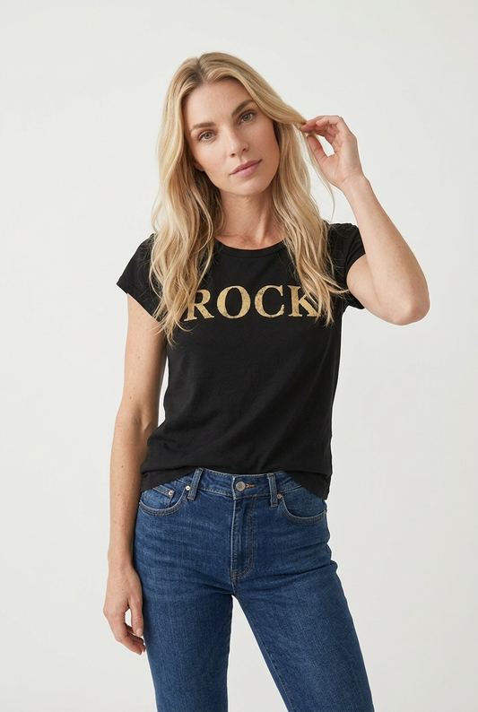 T-shirt med guld "ROCK"-print