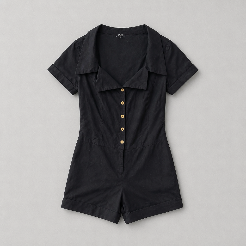 Mørk shorts-jumpsuit med skjortekrave og guldknapper