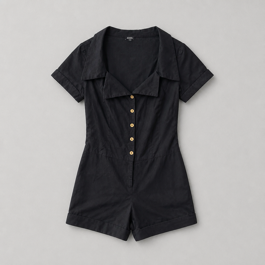 Mørk shorts-jumpsuit med skjortekrave og guldknapper