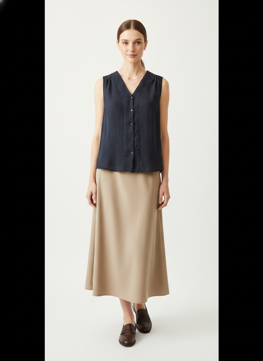 Model i mørkeblå ærmeløs bluse med knaplukning – step skirt loafers