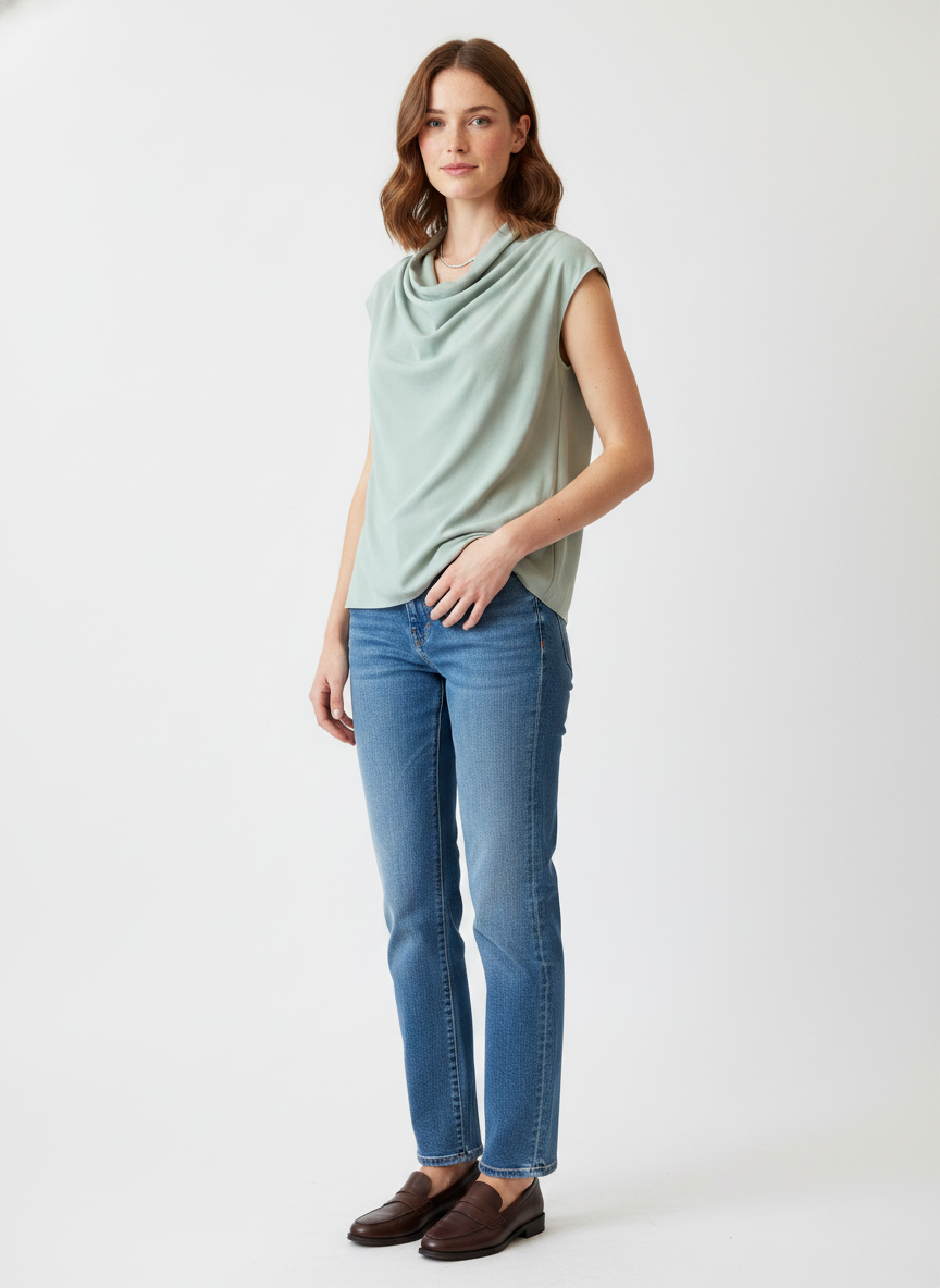 Model i mintgrøn ærmeløs bluse med drape-hals – threequarter jeans loafers