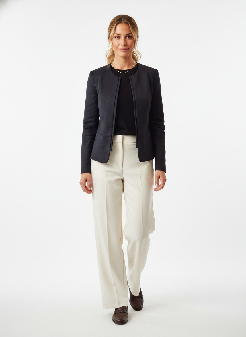 Model i mørk kraveløs blazer med stilren silhuet – step knit trousers